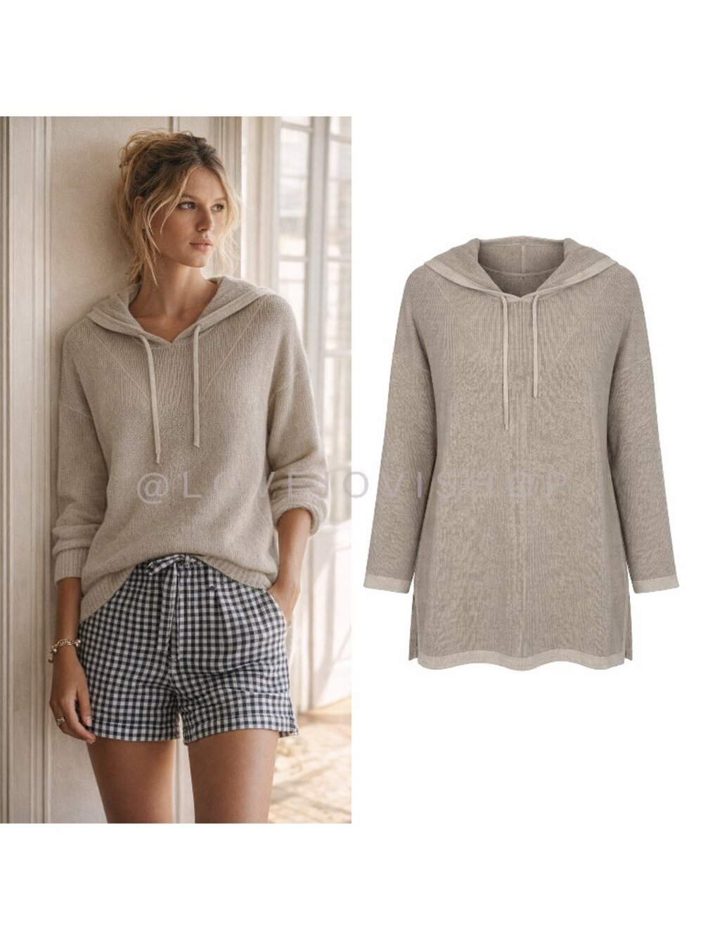 Sweater | J Jill Cotton Rayon Knit Hoodie Tunic Beige XL | Soft Minimalist Light